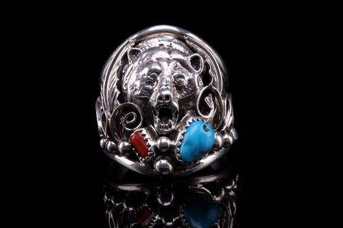 Navajo Sterling Silver Turquoise & Coral Mens Ring