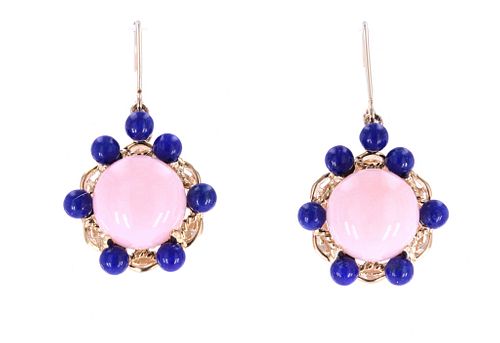 Pink Opal & Lapis Lazuli 14k Yellow Gold Earrings