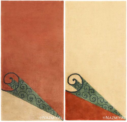 TWO COMPLEMENTARY ART DECO CHINESE RUGS. 3 ft 9 in x 2 ft (1.14 m x 0.61 m) + 3 ft 9 in x 2 ft (1.14 m x 0.61 m).