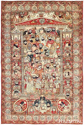 ANTIQUE MASHAHIR PERSIAN ‘LEADERS OF THE WORLD’ PICTORIAL KERMAN CARPET. 10 ft 6 in x 7 ft 1 in (3.2 m x 2.16 m).