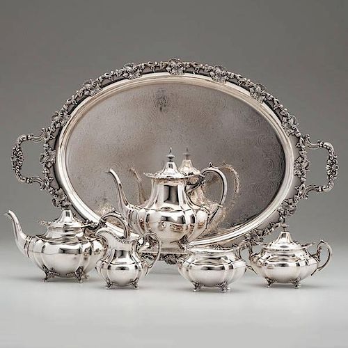 Reed & Barton Sterling Silver Tea Service and Ellis-Barker Silverplate Tray 