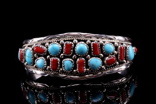 Navajo Kanteena Silver Turquoise & Coral Bracelet