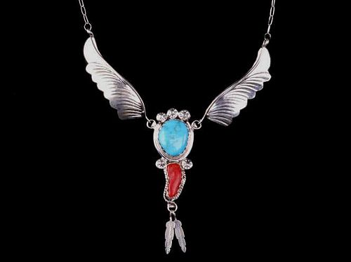 Navajo M. Chee Silver Turquoise & Coral Necklace