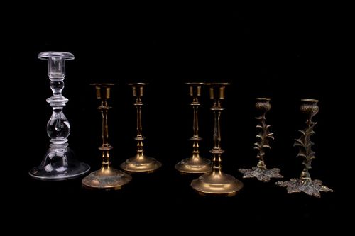 Ornate Brass & Crystal Steuben Candlestick Holders