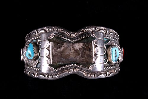 Navajo Sterling Silver Turquoise & Coral Watchband