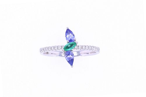 Emerald & Tanzanite Diamond 14k White Gold Ring