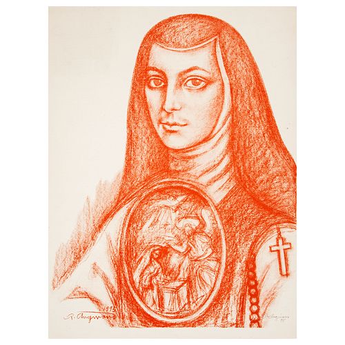 RAÚL ANGUIANO. Sor Juana Inés de la Cruz. Litografía a partir de la sanguina original. Sin enmarcar. 76 x 57 cm
