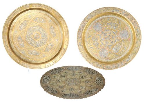 (3) Middle Eastern Inlaid Brass Chargers