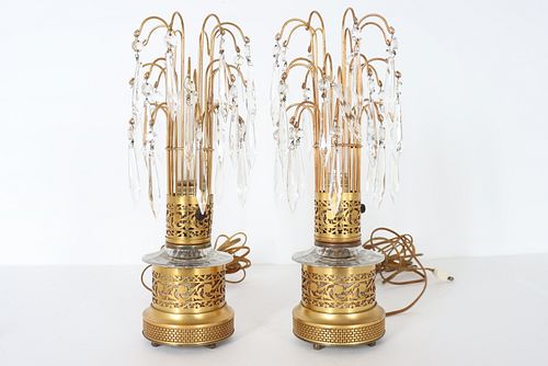 Glitzy Pair Cut Glass & Gilt Metal Lamps Mid 20thC