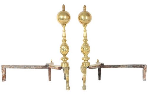 Pair of Brass Cannonball Top Andirons