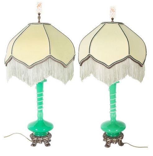 Pair of Steuben Green Jade and Alabaster Lamps