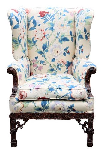 Antique Floral Upholstered Wingback Chair