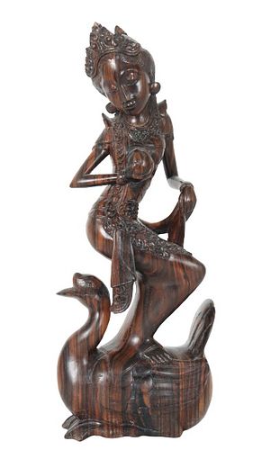 Balinese Wood Carving of Goddess w Swan