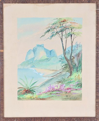 20th C Signed Watercolor, Bora Bora