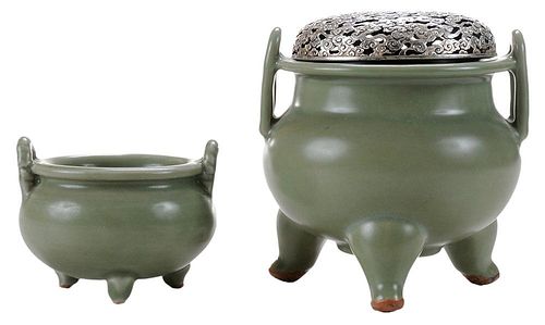 Two Porcelain Ming-Style Celadon-Glazed Tripod