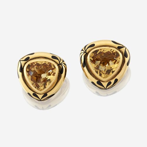 A pair of eighteen karat gold, citrine, and enamel earrings, Elizabeth Gage