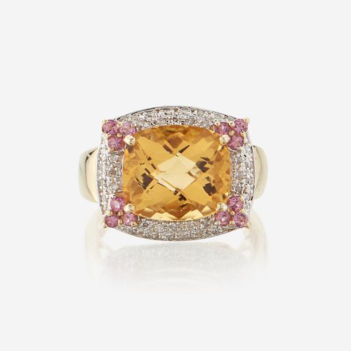 A citrine, diamond, pink sapphire, and fourteen karat gold ring