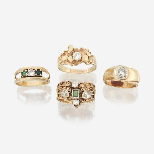 A collection of four diamond, gem-set, and fourteen karat gold rings