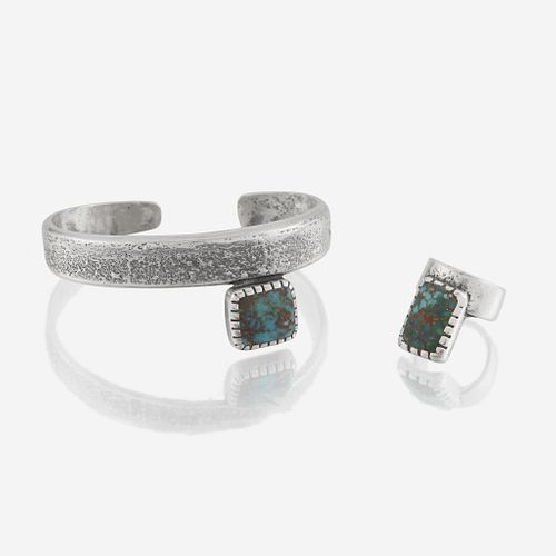 A sterling silver and turquoise bracelet and ring with signed documents, Loloma