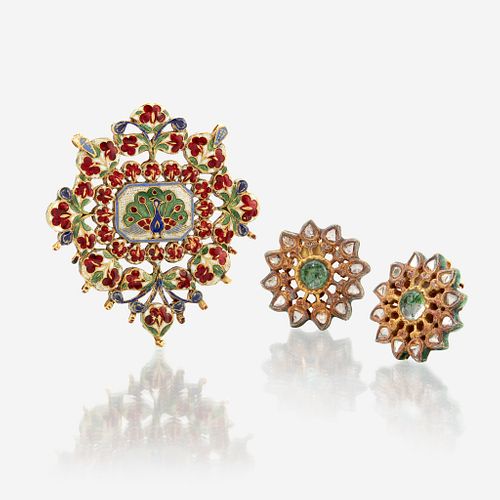 Jaipur enamel, high karat gold, and diamond pendant and ear clips