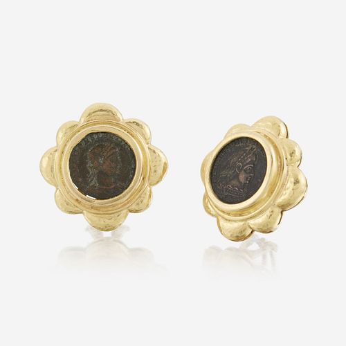 A pair of eighteen karat gold and coin earrings, Elizabeth Locke