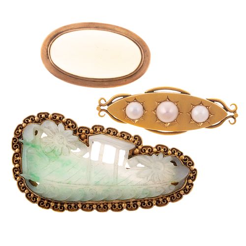 A Trio of Vintage Brooches in Jade & Pearl