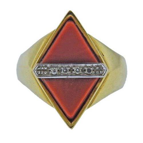 1970s 18k Gold Diamond Coral Ring 