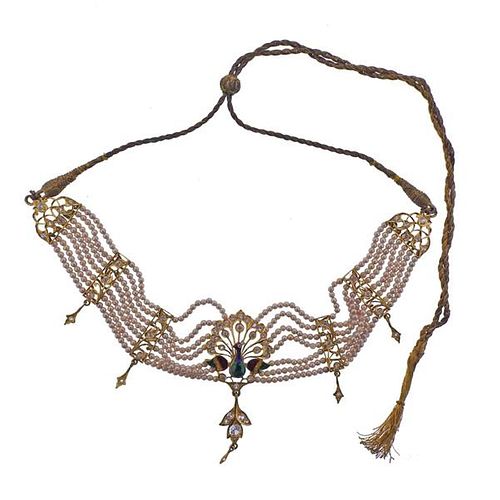 Indian High Karat Gold Enamel Paste Pearl Necklace