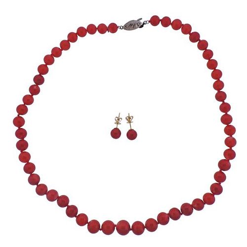 Coral Bead Silver Necklace 14k Gold Earrings Set