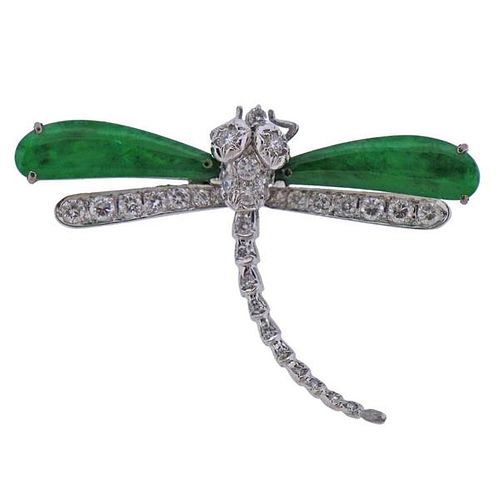 14K Gold Diamond Jade Dragonfly Brooch Pendant