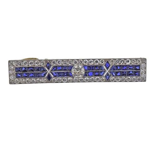 Art Deco Platinum Diamond Synthetic Sapphire Brooch Pin