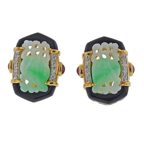 18K Gold Diamond Carved Jade Onyx Ruby Earrings