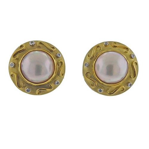 18K Gold Diamond Mabe Pearl Earrings