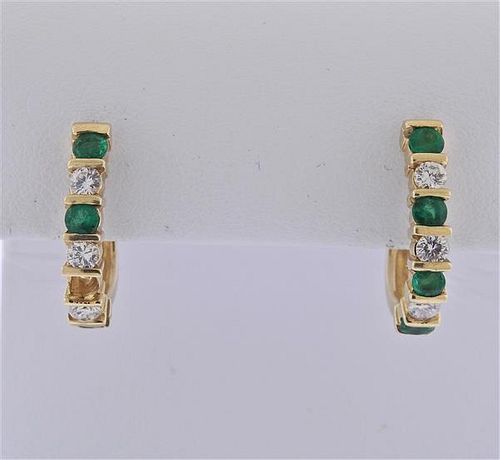 14K Gold Diamond Emerald Half Hoop Earrings