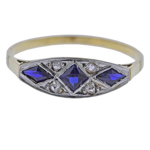 Art Deco 18K Gold Platinum Diamond Synthetic Sapphire Ring