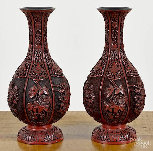 Pair of Chinese cinnabar vases, 19th c., with l