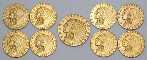 9PC United States 2.5 Dollar Gold Coin Group