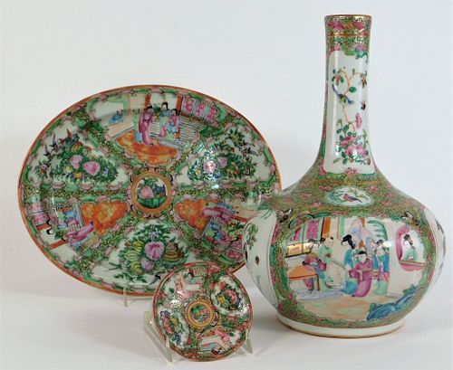 3PC Chinese Rose Medallion Vase & Tableware