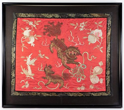 19C Chinese Embroidered Foo Beast Silk Textile