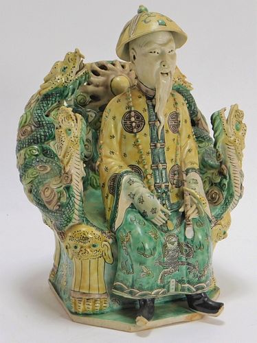 19C Chinese Sancai Seated Emperor Porcelain Statue