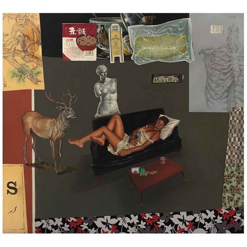 HERIBERTO QUESNEL, Escena con ciervo, fideos y porcelana china, Signed and dated 2010, Oil and collage/wood, 39.3 x 43.3" (100 x 110 cm), Certificate