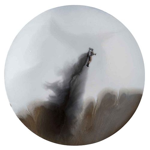 LIDÓ RICO, Homme volant, Signed and dated 2014, Mixed technique and polyester resin on wood, 31.4" (80 cm) in diameter, Certificate