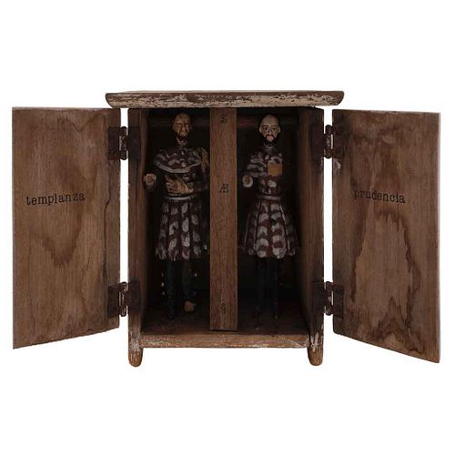 IDAID RODRÍGUEZ, Virtudes cardinales, Signed and dated 2019, Wooden box from the 20th century intervened by the artist, 9 x 7.8 x 4.1" (23 x 20 x 10.5