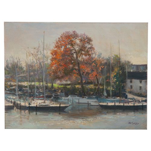 Nathaniel K. Gibbs. Autumn on the Docks, oil