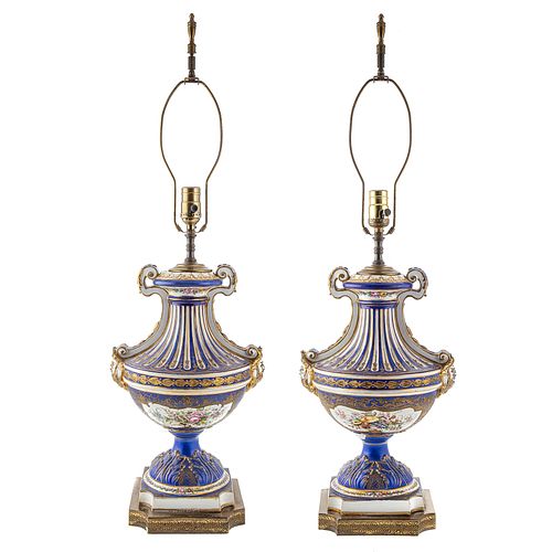 A Pair of French Porcelain Celeste Bleu Urn Lamps