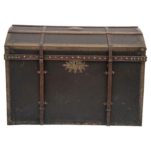 TRAVEL TRUNK FRANCE, Ca. 1900 Made of wood with leather cover, hardware and metal edges 22 x 33.8" (56 x 86 cm)