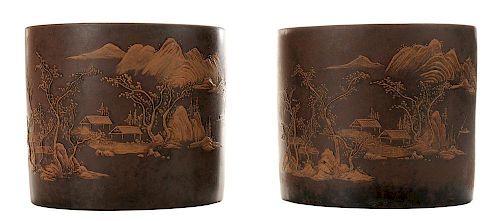 Rare Pair of Yixing Pottery Brush Pots