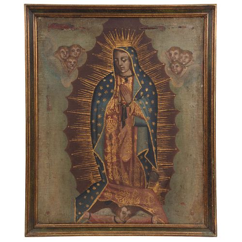 VIRGEN DE GUADALUPE MEXICO, 19TH CENTURY Oil on canvas Conservation and restoration details. 30.7 x 24.8" (78 x 63 cm)