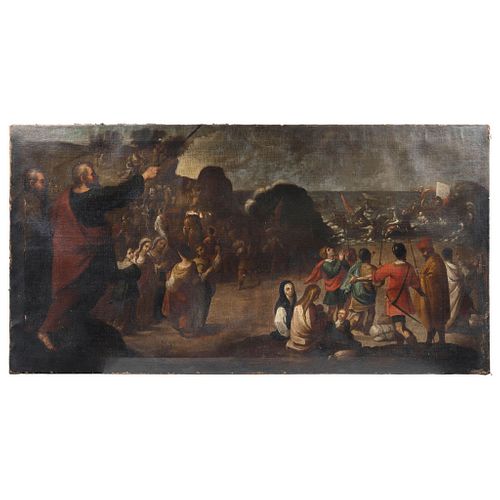 CANTO TRIUNFAL DE MOISÉS MEXICO, 18TH CENTURY Oil on canvas Conservation details. 33.8 x 70" (86 x 178 cm)