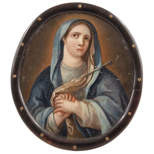 VIRGEN DOLOROSA MEXICO, 19TH CENTURY Oil on copper sheet with tortoiseshell frame Conservation details 4.5 x 3.9" (11.5 x 10 cm)
